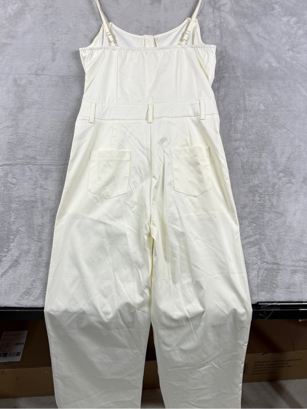 Women's Cream Wide-Leg Button-Front Jumpsuit Spaghetti Straps Pockets Size L - Picture 3 of 12